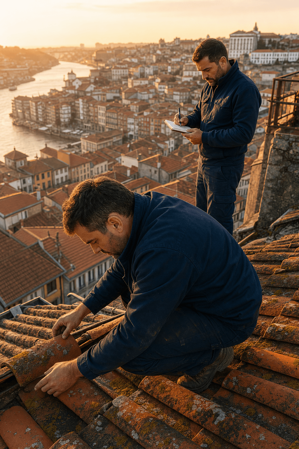 Two SOS Edifícios maintenance workers on a Porto rooftop at golden hour, inspecting tiles with the historic city skyline and Douro River in the background