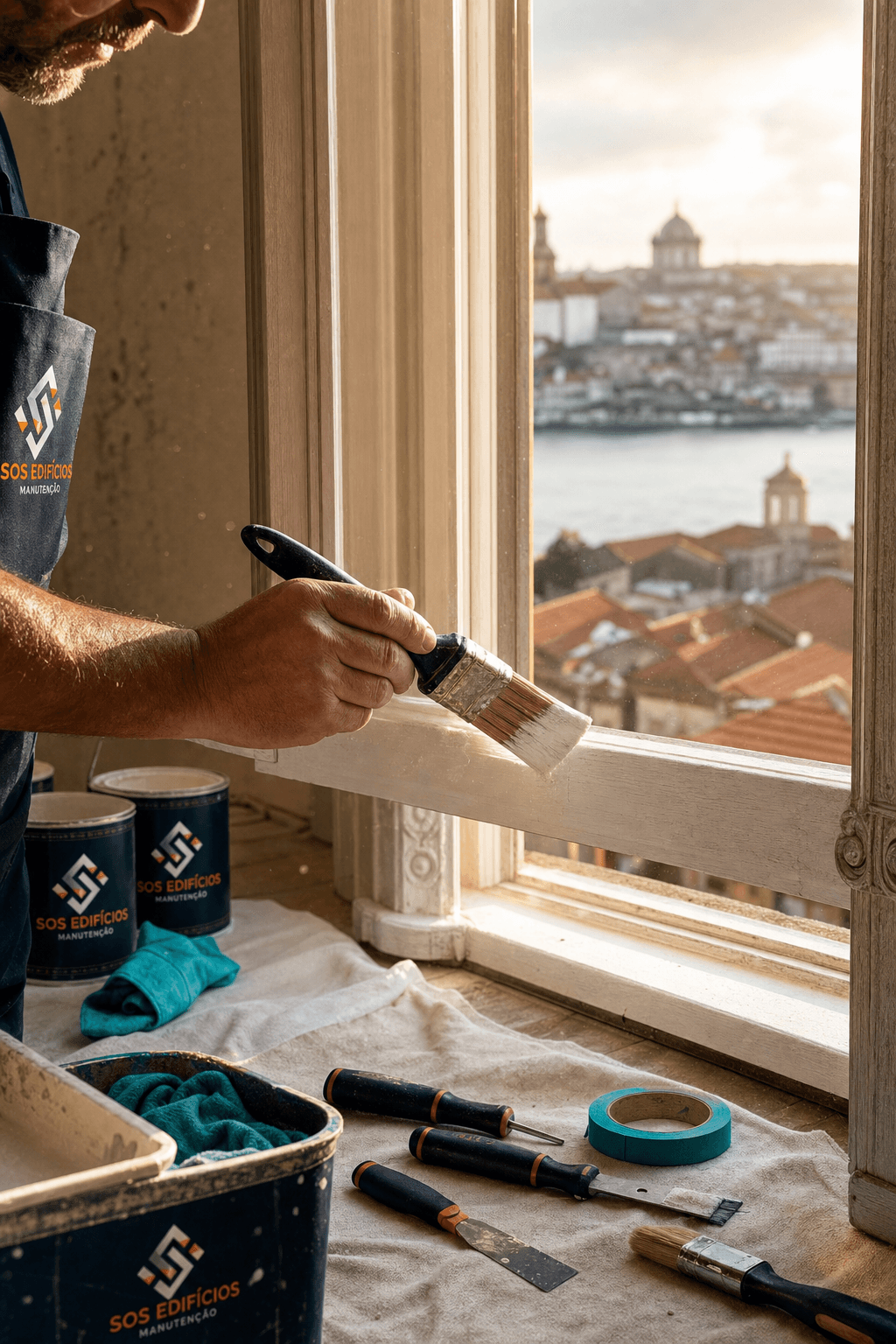 Skilled painter's hands carefully restoring a traditional Porto window frame in warm golden light, with city rooftops and river visible through the window