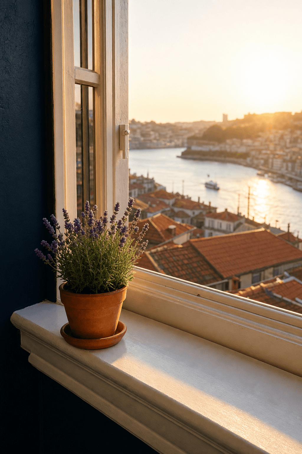 Peitoril de janela no Porto com vaso de alfazema ao pôr do sol, vista para o Douro