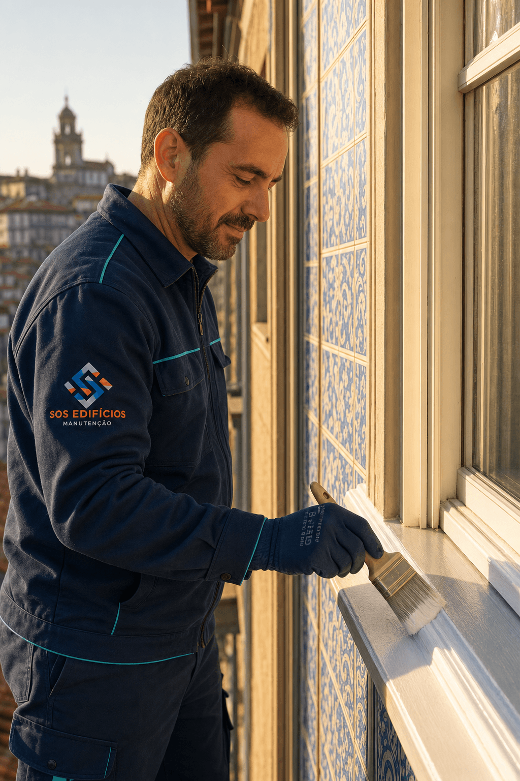 Skilled painter in navy uniform restoring an ornate window trim in Porto, golden hour light highlighting traditional Portuguese architecture