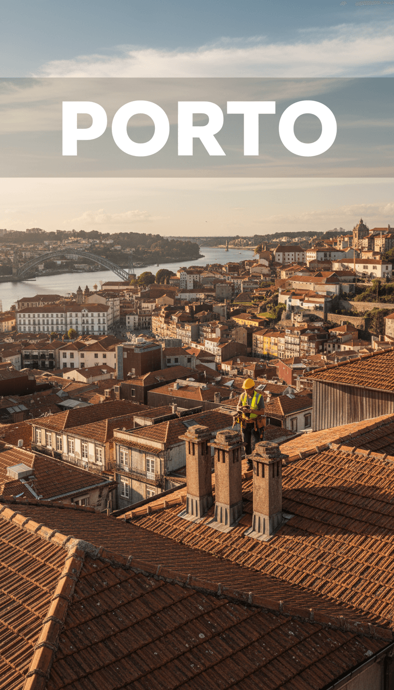 Técnico de manutenção a inspecionar um telhado num edifício no Porto