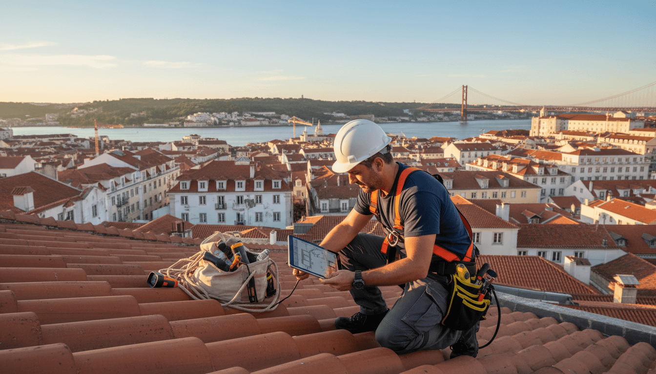 profissional de manutenção predial a inspecionar um telhado com ferramentas