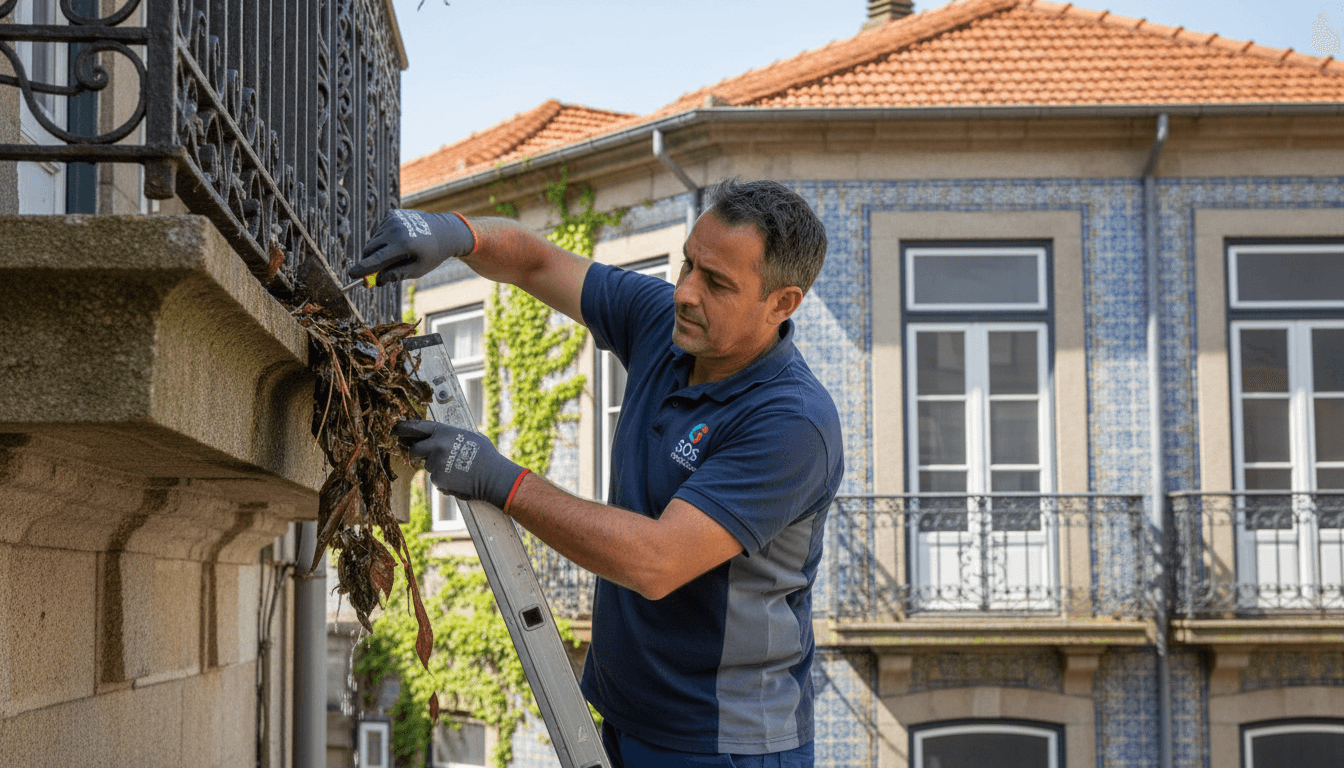Technician maintaining a building gutter, removing leaves and debris during daylight
