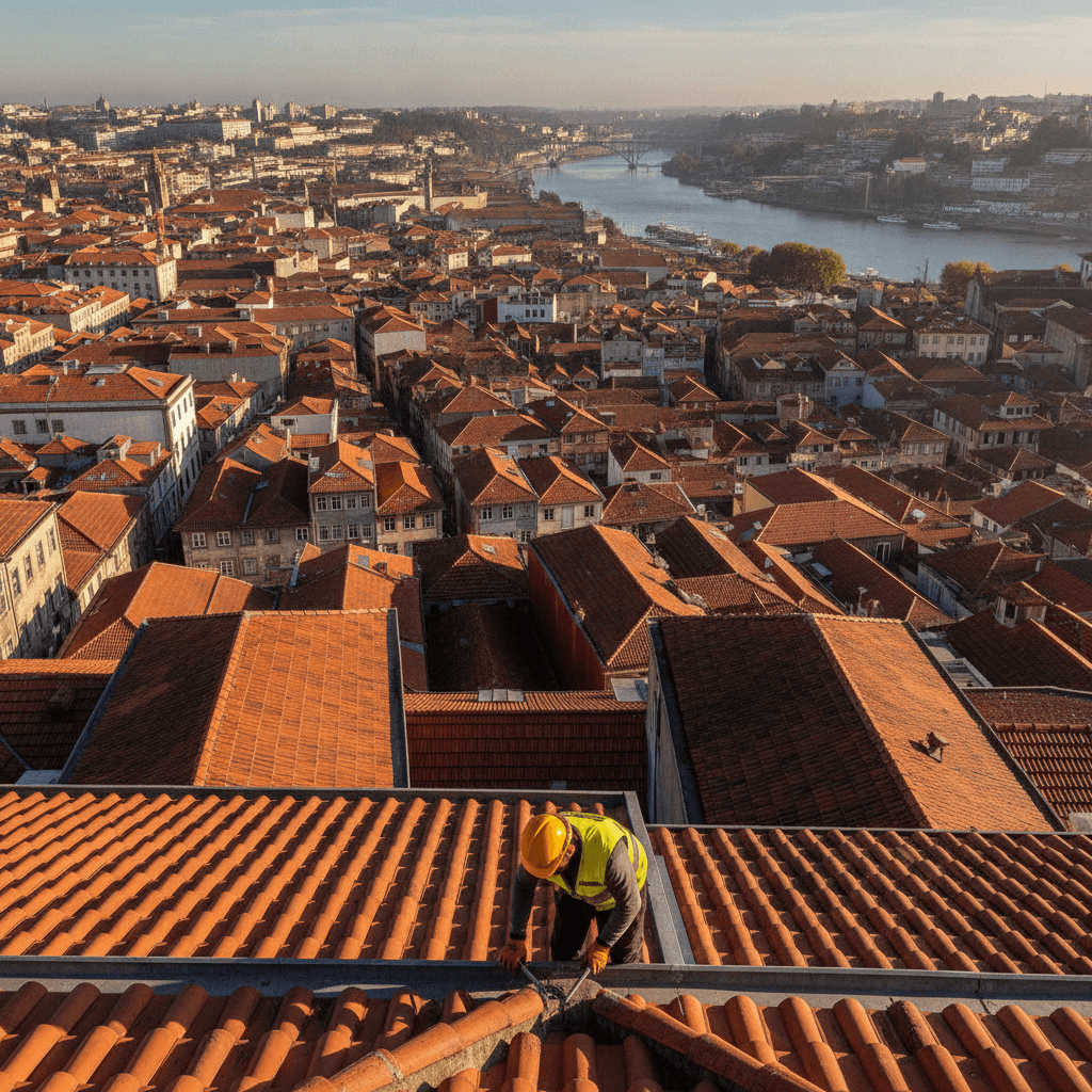 Maintenance professional examining a gutter up close on a tiled roof in Porto