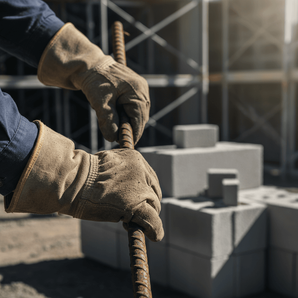 Construction worker's hands in heavy gloves gripping steel beam on active building site with natural harsh lighting