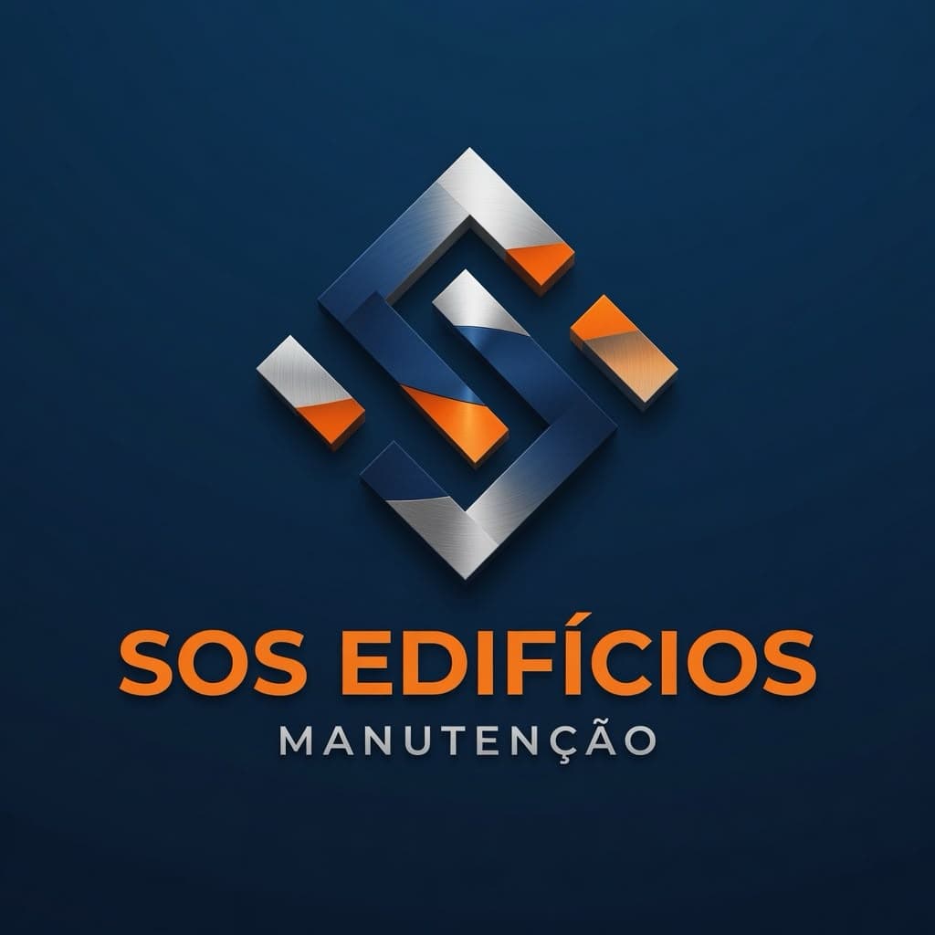 Logotipo SOS Edifícios Manutenção com ícone geométrico 3D azul, laranja e prata em fundo escuro.